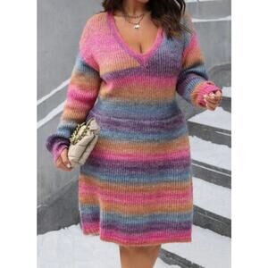SHEIN LUNE 3X Sweater Dress-Plus Size Colorblock V-Neck  Knee-Length Knitted